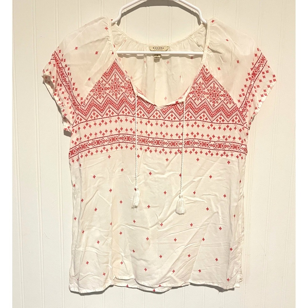 Sonoma Embroidered Peasant Top Women Petite Sp White Red Boho Tassel